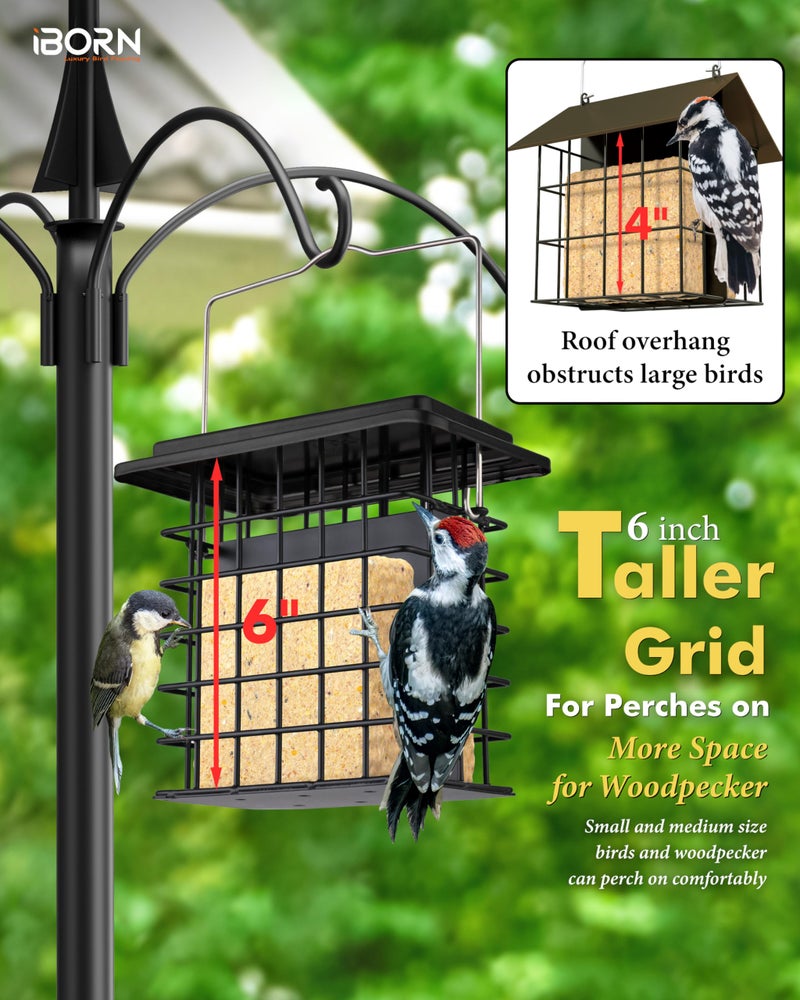 مغذيات الطيور من iBorn Suet Feeder [سعة مزدوجة] للتعليق الخارجي مع شبكة أطول لنقار الخشب المعدني الأسود (عبوة من 1) - Image 3
